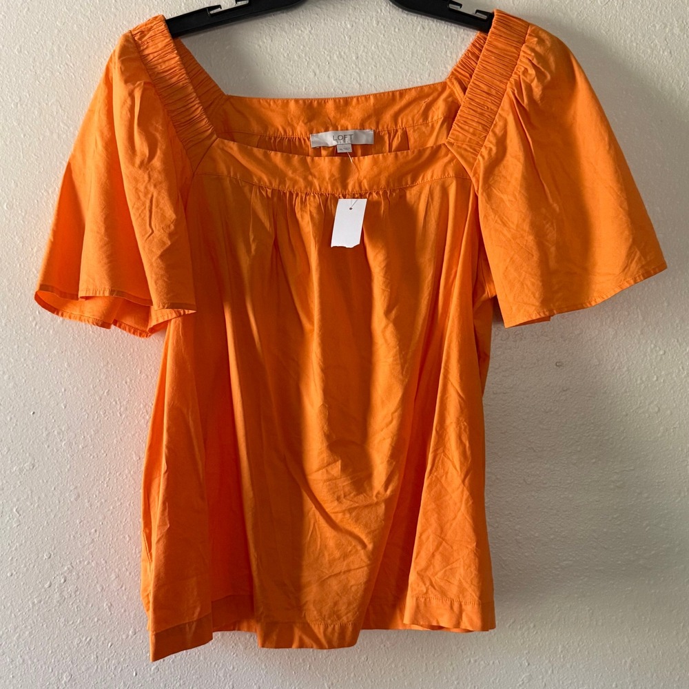 LOFT Womens Orange Square Neck Smocked Shoulder Flutter Sleeve Blouse XL NWT